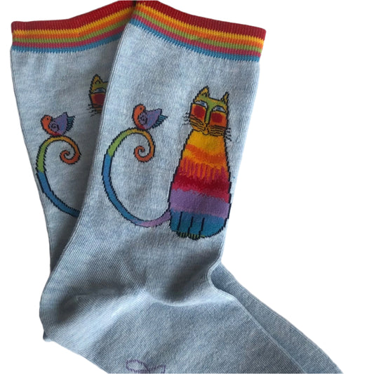 iconic Laurel Burch rainbow cat with bird perched on its tail, light blue with rainbow cuff