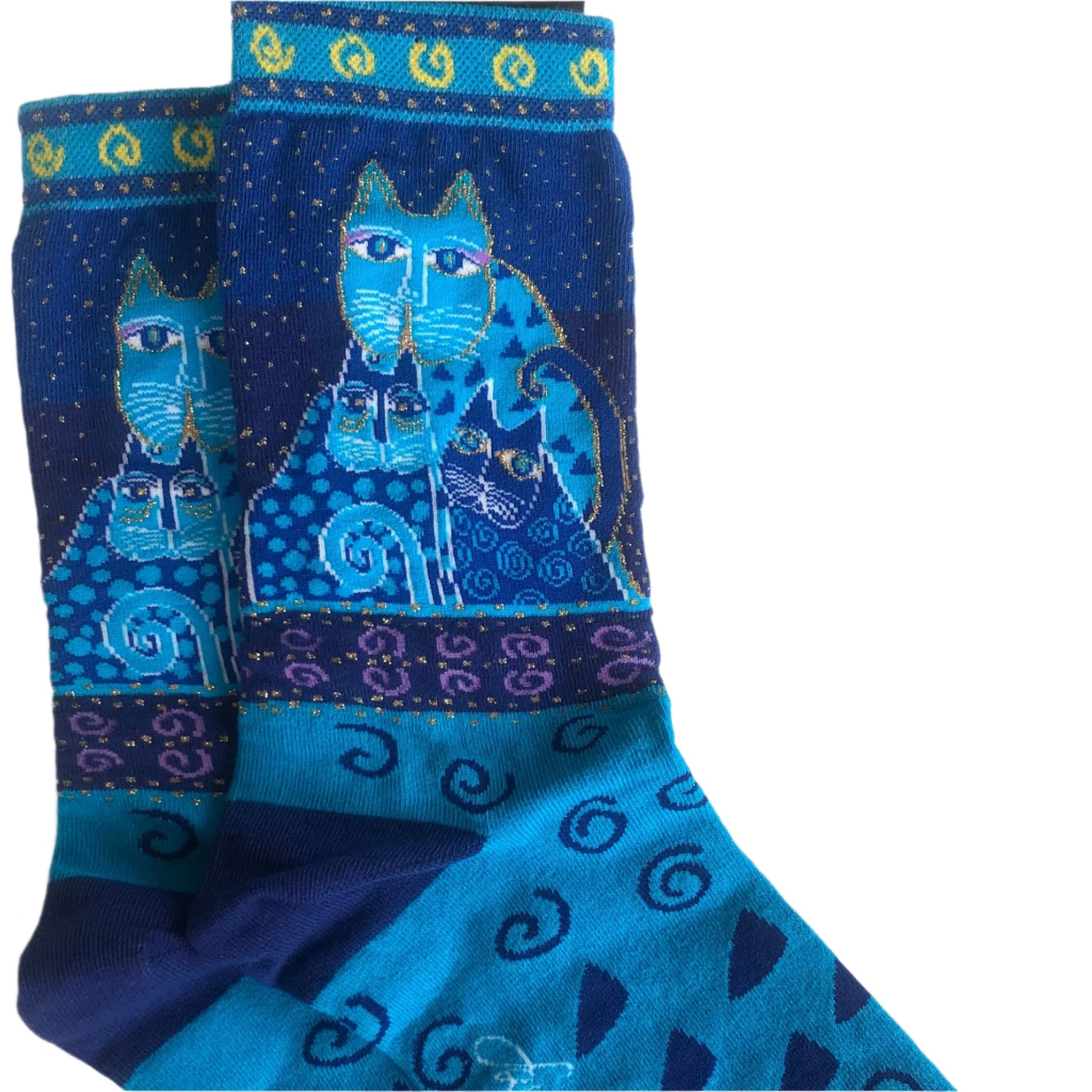beautiful Laurel Burch crew socks with turquoise cat with 2 kittens and iconic gold swirls at cuff and blue geometrics on foot