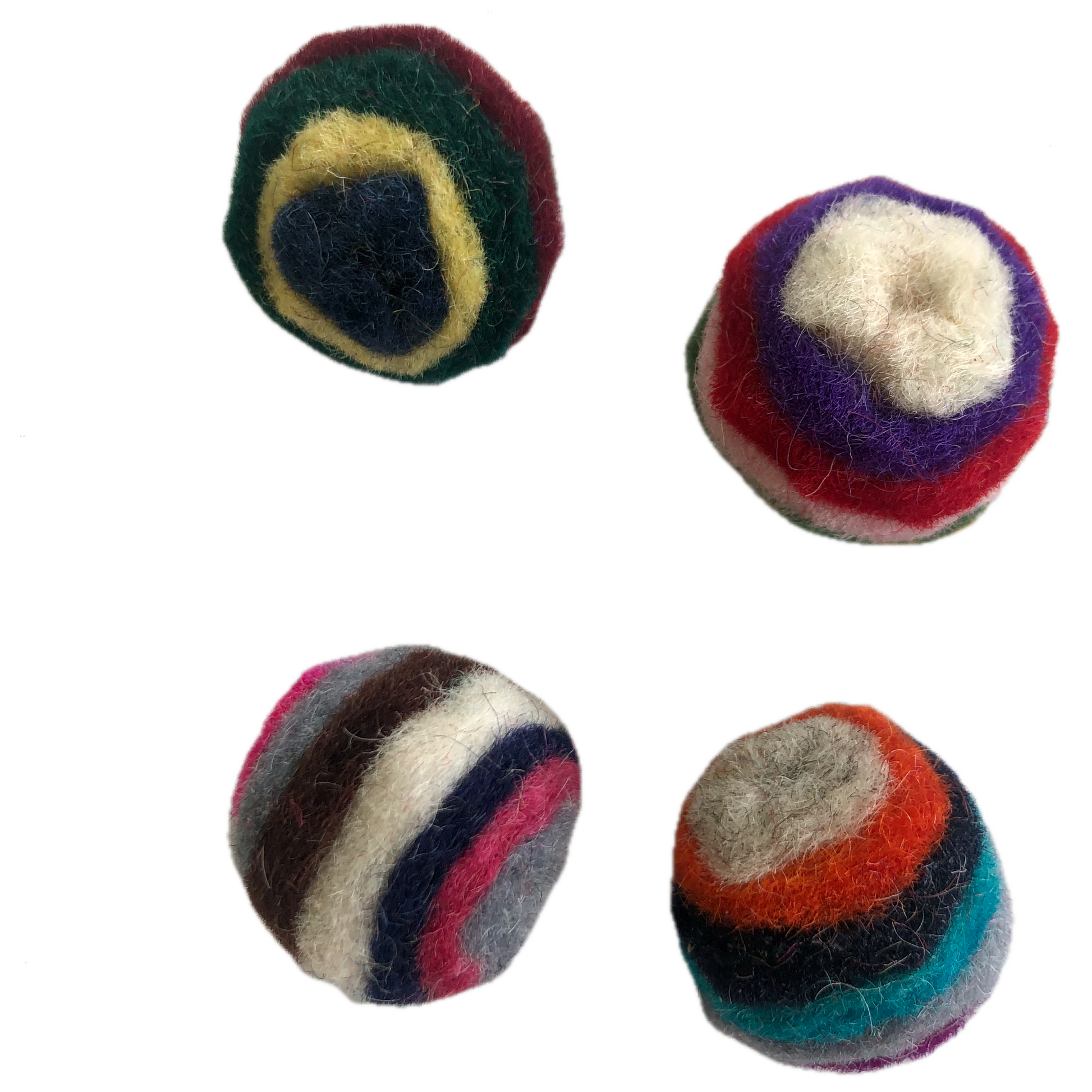 4 multicoloured cat toy balls, made out of  layered wool, are small enough for a cat to pick up with their mouth to carry or toss, they like bat them around and chase them. The layers of wool create a striped pattern which makes the ball more visually enticing as it rolls. Many cats have a natural attraction to the scent of wool. The balls are under an inch (2.5 cm) in diameter, just a little bit bigger than a quarter