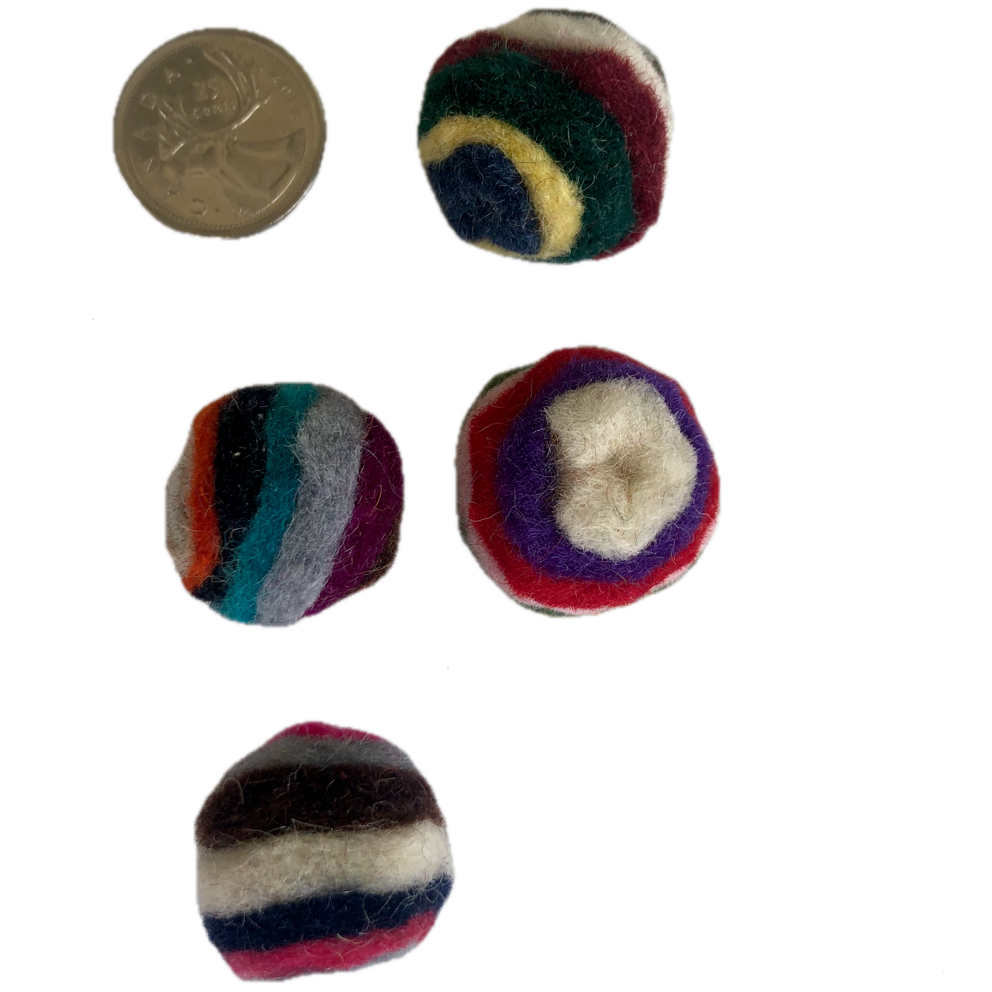 4 multicoloured cat toy balls, made out of  layered wool, are small enough for a cat to pick up with their mouth to carry or toss, just under an inch (2.5 cm) in diameter, slightly bigger than a quarter