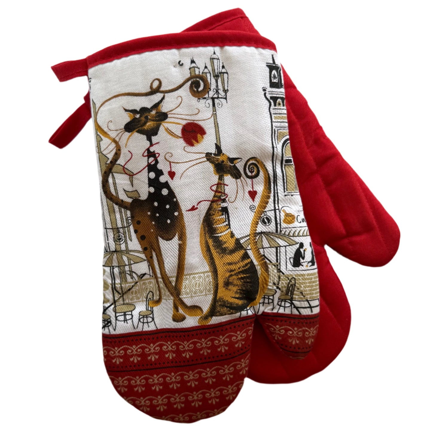 100% cotton oven mitts with cute cats and hearts on one side, solid red on other