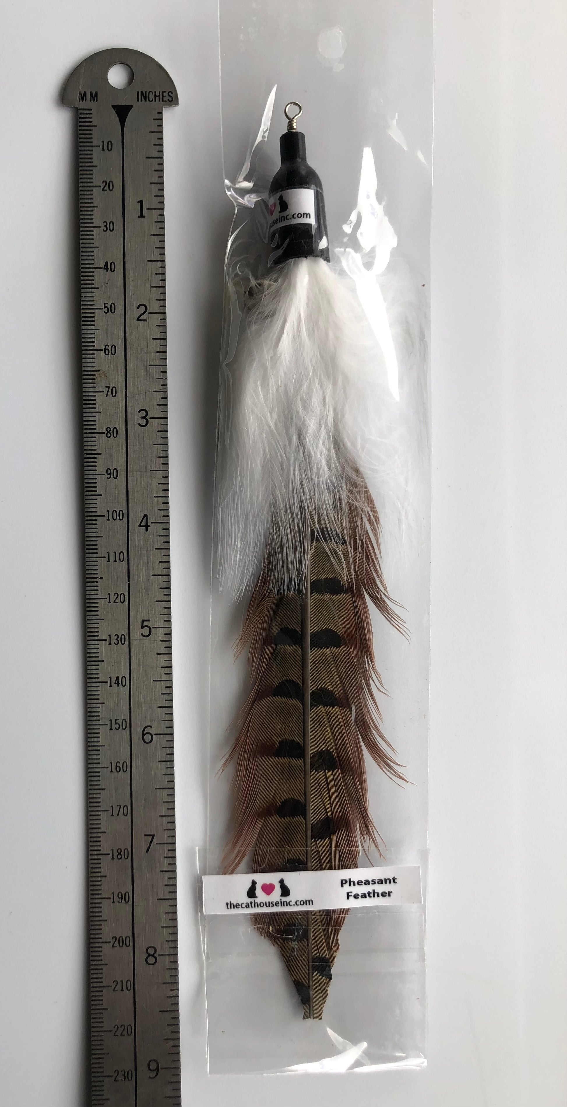 handmade pheasant feather attachment for wand or fishing rod, approx. 8"