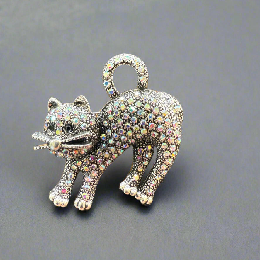 cute iridescent rhinestone cat brooch, nickel freee
