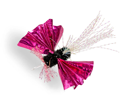 cat toy with vibrant hot pink wings, black body, crinkly wings that captivate your cat and kittens attention! Iridescent tail and legs sparkle in the light. 