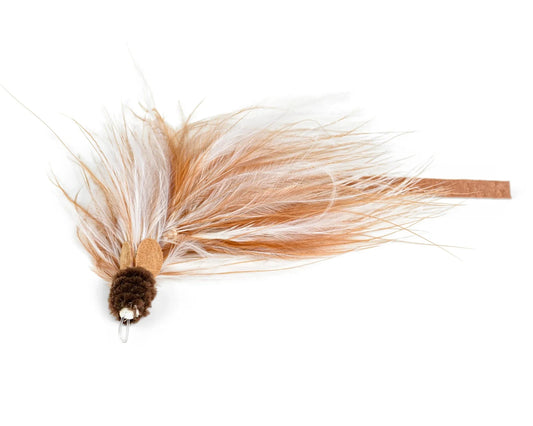 Fun, Fluffy Long Haired, Double-Jointed Mouse made of feathers and felt tale, and mini ears, brown and white colours! Agile wiggly,  5" long, Synthetic and natural materials, attach to any wand or rod or play with it on its own