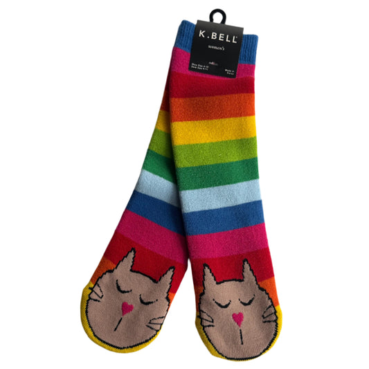 Keeping it pawsitive and show your pride. Spreading peace, love and harmony make the world a better place. good vibes slipper sock with pride rainbow stripes and cute cat with heart nose on the toes. 