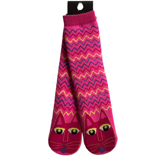 iconic Laurel Burch cat on the toes and stripes above; fuchsia with gold, yellow, and blue accents; slipper socks with non-slip bottom