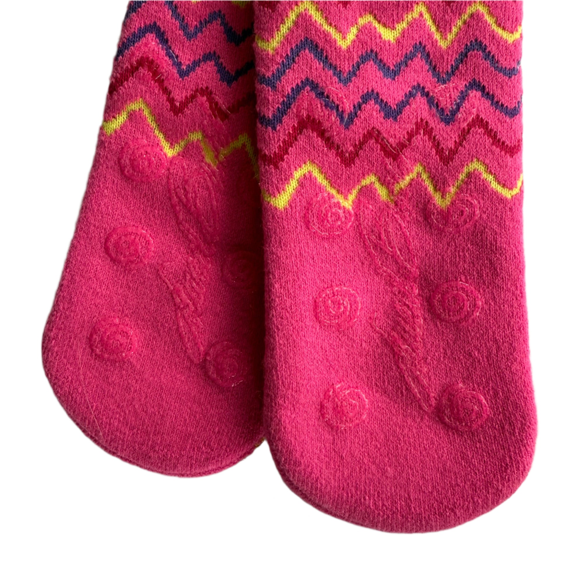 close up of Laurel Burch fuchsia slipper socks showing non-slip bottom