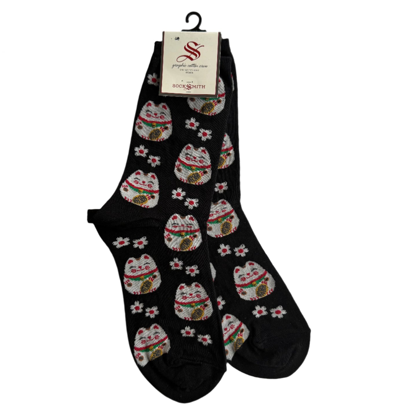 black socks with lucky cat graphic and flowers