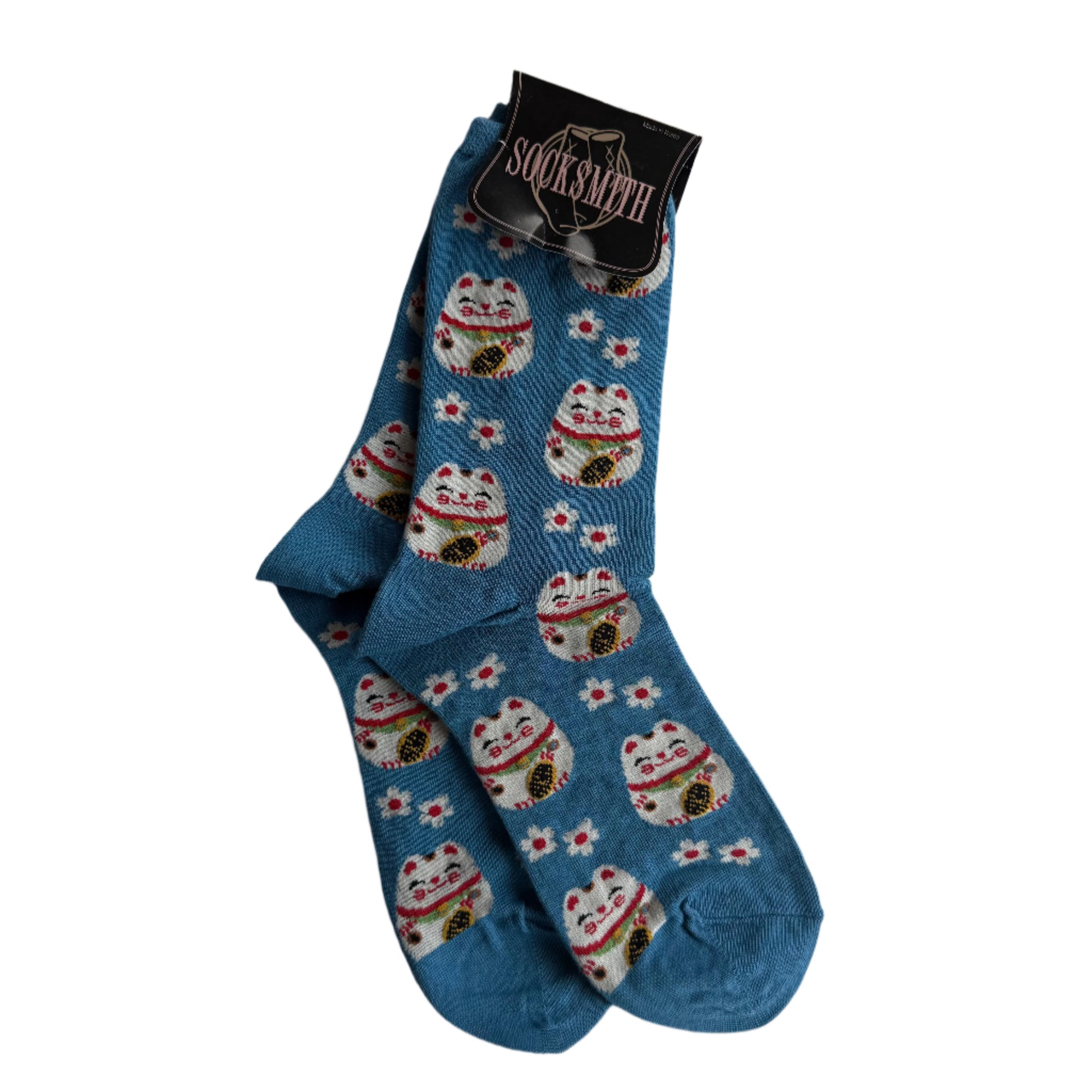 super cute lucky kitty socks, blue background, perfect with jeans