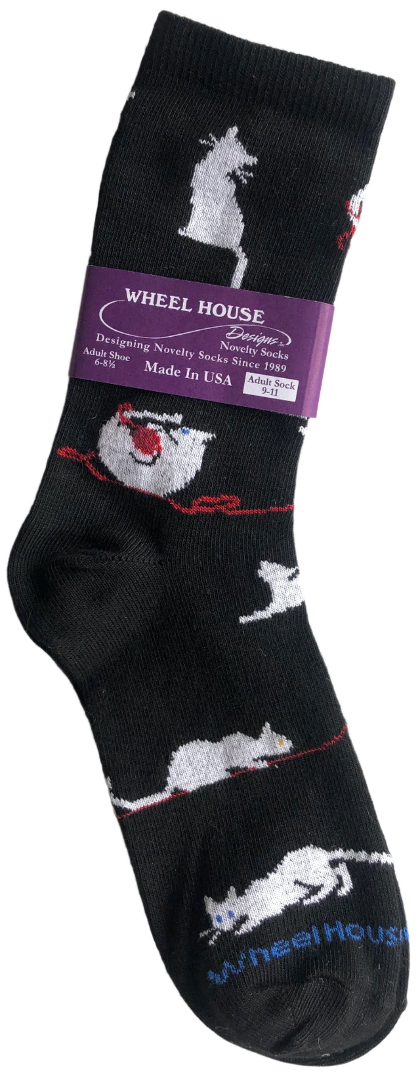 black crew sock with cute white cat chasing ball of red yarn all around the sock, nice detail where you can see the whiskers and cats with different coloured eyes