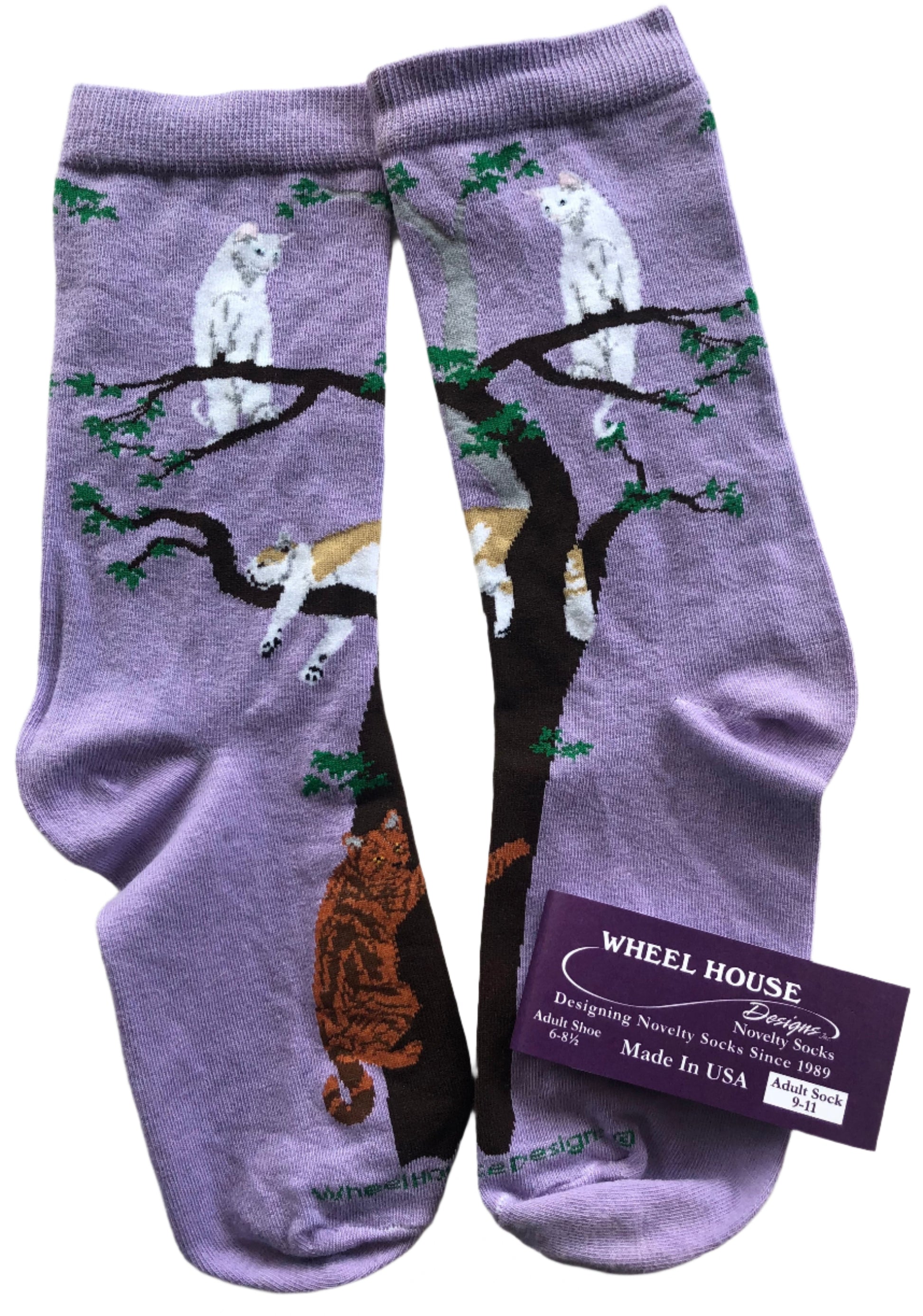 beautiful lilac crew socks with 3 different cats lounging in a tree