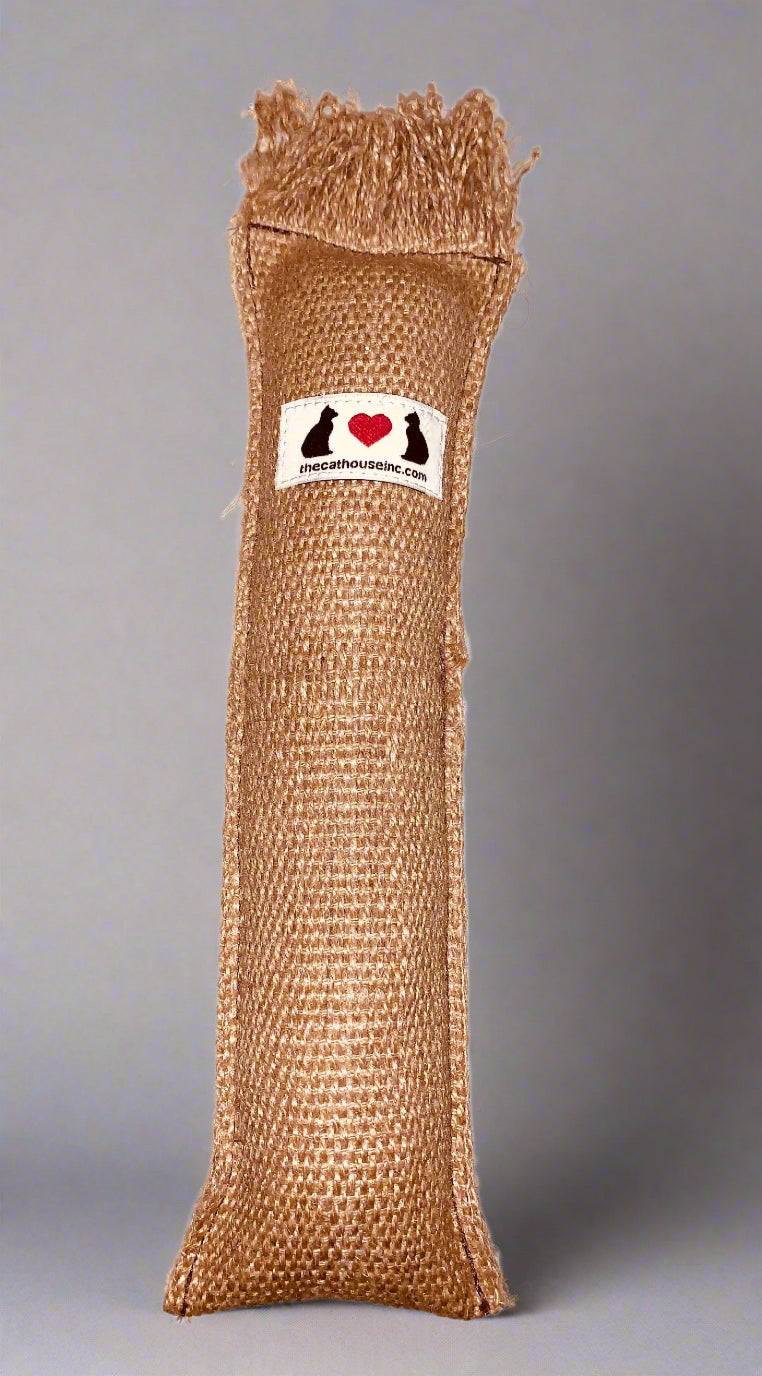 handmade burlap "bopper" cat toy contains natural honeysuckle wood sawdust and premium organic catnip - 3" x 12"