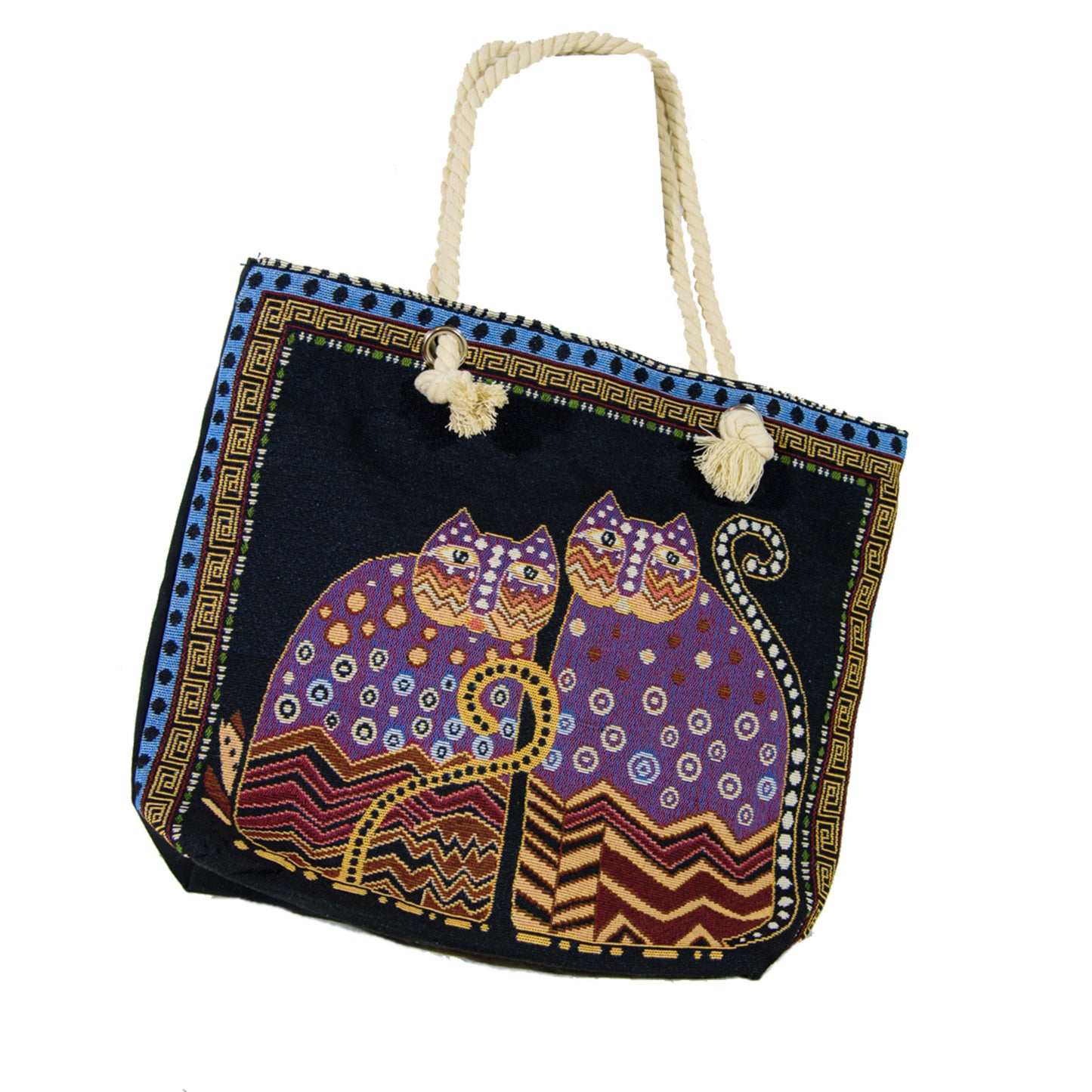2 Iconic Laurel Burch cats, bejewelled and multicolour on a black background with mosaic trim
