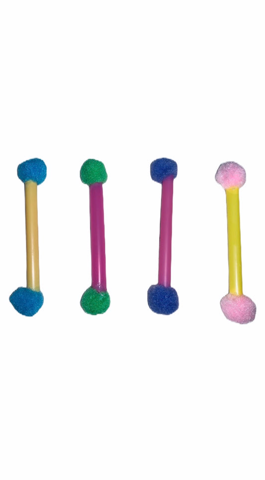 colourful and lightweight cat toys that look like colourful Q-tips with big puffs at each end, 5" long