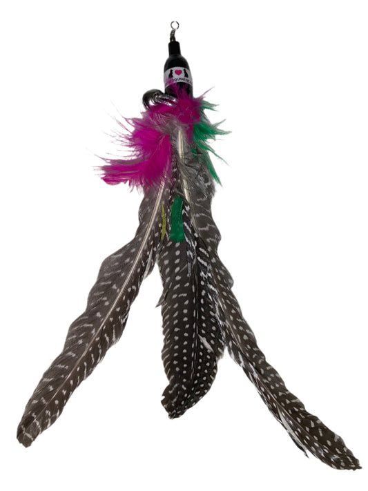 cat toy attachment with guinea fowl feathers, typically about 6" long with tufted fluffy feathers at the base, variety of shapes, sizes and colours.&nbsp;