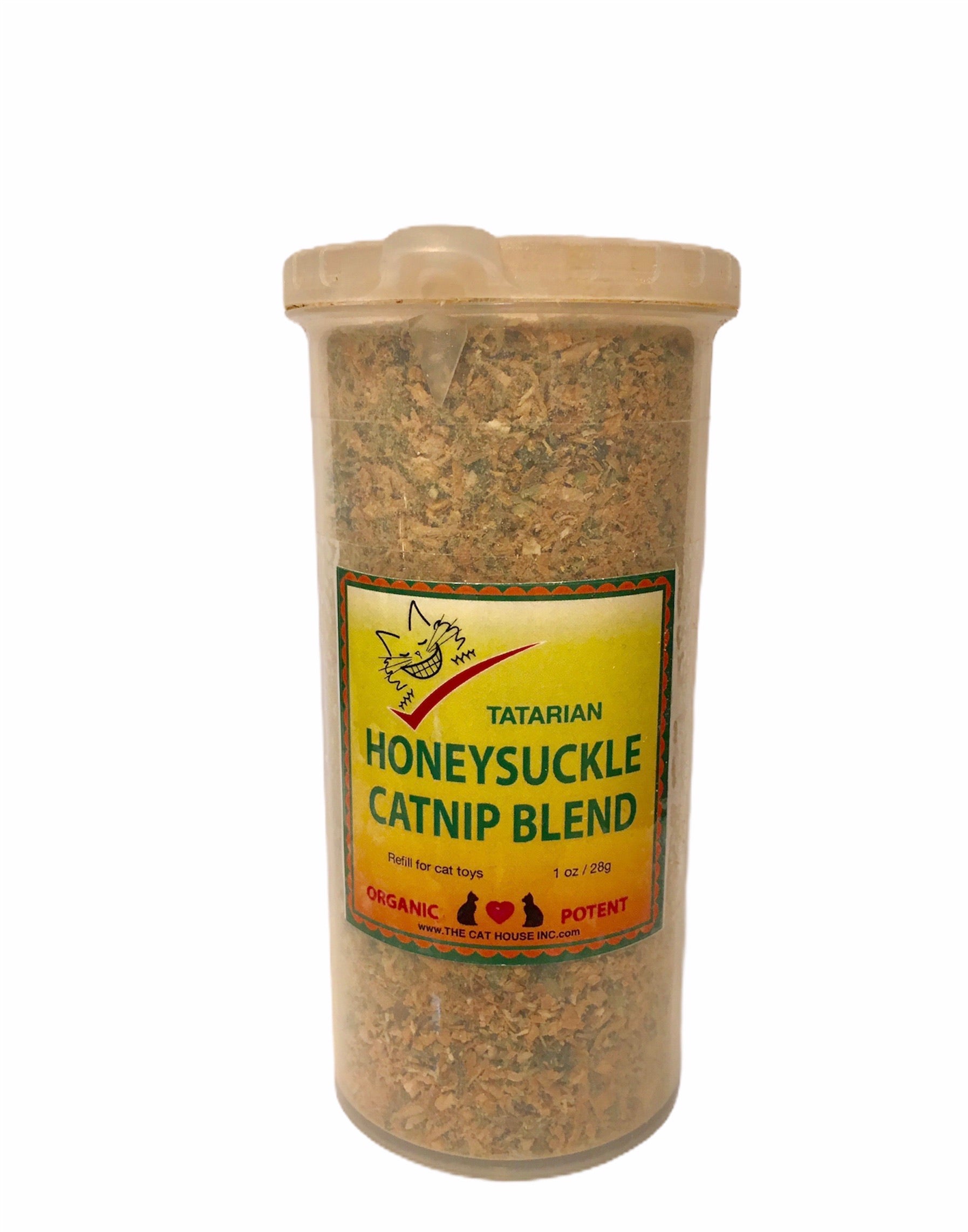 1 oz / 28g of a mixture of ground Tatarian Honeysuckle and premium organic catnip in plastic container - enough to refill 3 of our cloth cat toy pouches